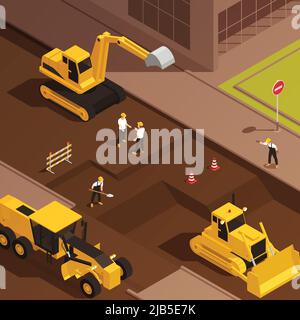 Construction de routes composition isométrique avec des personnages de travailleurs sur la rue avec illustration vectorielle de machines de route en fonctionnement Illustration de Vecteur