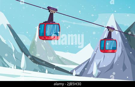 Station de ski alpin en descente funiculaire composition de dessin animé avec 2 téléphériques contre les sommets de montagne illustration vectorielle de fond Illustration de Vecteur