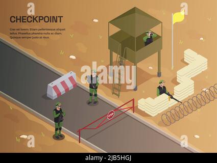 Arrière-plan isométrique de soldat d'armes de l'armée avec composition de texte modifiable et de paysage extérieur avec illustration de vecteur de tour de montre Illustration de Vecteur