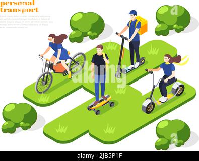 Les hommes et les femmes qui font du transport écologique personnel dans le parc Isométrique composition 3D illustration vectorielle Illustration de Vecteur