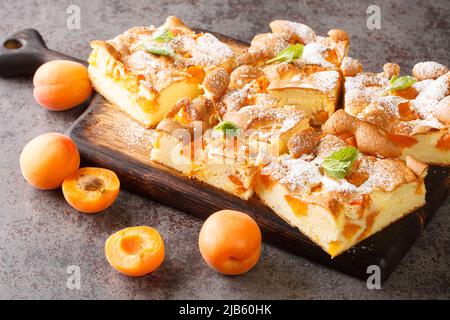 Gâteau délicat à l'abricot à la menthe et saupoudrés de sucre glace sur un panneau rustique en bois sur la table. Horizontale Banque D'Images