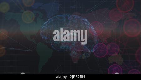 Image du cerveau tournant avec des connexions sur la carte du monde et diverses données Banque D'Images