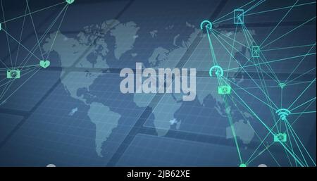 Image du réseau de connexions sur la carte du monde et le cercle de traitement Banque D'Images