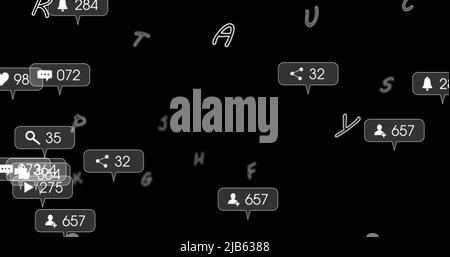 Image des icônes et des chiffres des réseaux sociaux tombant sur fond noir Banque D'Images