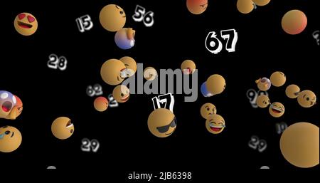 Image des icônes emoji flottant sur des nombres sur fond noir Banque D'Images