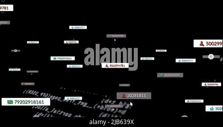 Illustration des icônes des réseaux sociaux qui flottent sur les changements de nombres et le traitement des données en noir Banque D'Images