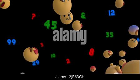 Image des icônes emoji flottant et des chiffres sur fond noir Banque D'Images