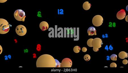 Image des icônes emoji flottant et des chiffres sur fond noir Banque D'Images