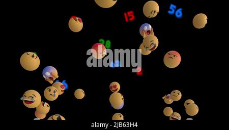 Image des icônes emoji flottant et des chiffres sur fond noir Banque D'Images