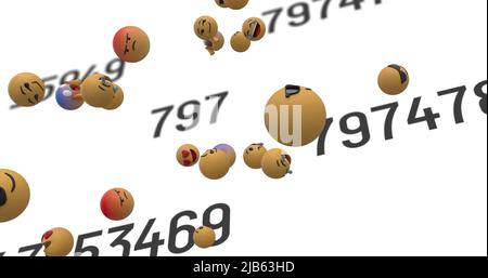 Image des icônes emoji flottant et des nombres changeant sur fond blanc Banque D'Images