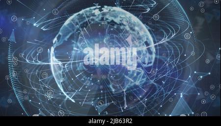 Image numérique des traînées de lumière sur un globe sur fond noir Banque D'Images