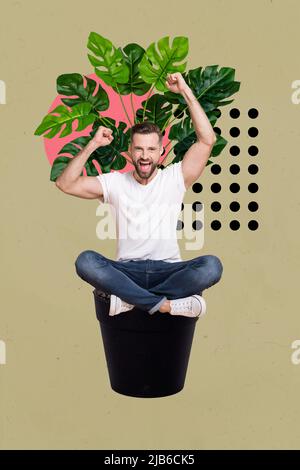 Collage vertical illustration de la personne ravie surjoyée assis pot de fleur élever les poings célébrer la croissance Banque D'Images