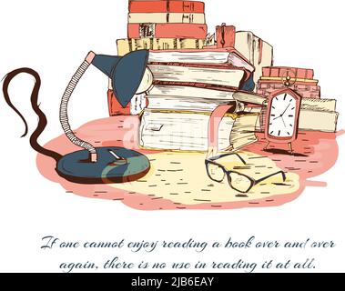 La lecture de livres la vie encore avec des verres de lampe et isolé de l'horloge vector illustration Illustration de Vecteur