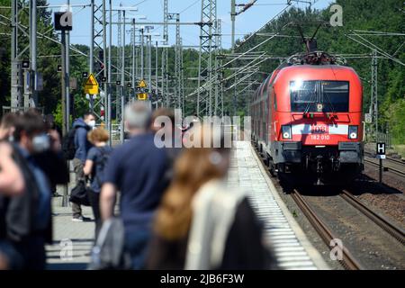 Potsdam, Allemagne. 03rd juin 2022. Les voyageurs attendent la gare de Potsdam-Sanssouci pour prendre le train régional vers Francfort (Oder). Crédit : Soeren Stache/dpa/Alay Live News Banque D'Images