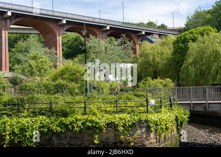 Byker Bridge, vu de près de la ferme d'Ouseburn, dans le quartier culturel d'Ouseburn de la ville de Newcastle upon Tyne, au Royaume-Uni. Banque D'Images