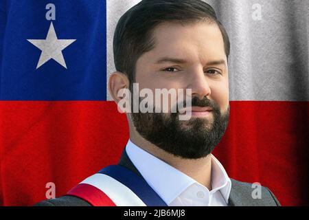 Gabriel Boric et le drapeau du Chili Banque D'Images