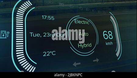 Image du compteur de vitesse, du type d'alimentation, de la charge et des données d'état sur l'interface du véhicule hybride Banque D'Images
