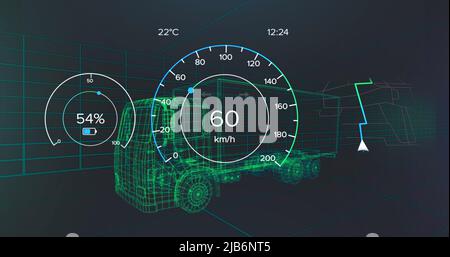 Image de l'indicateur de vitesse, du gps et des données d'état de charge sur l'interface du véhicule, plus de 3D modèles de camion Banque D'Images