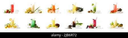 Collection de boissons aux fruits bien décorée sur fond blanc isolé. Banque D'Images