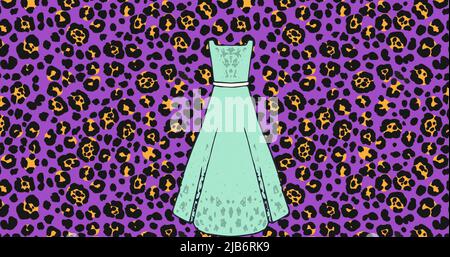 Image numérique de plusieurs icônes de robe féminine sur fond violet avec imprimé léopard Banque D'Images