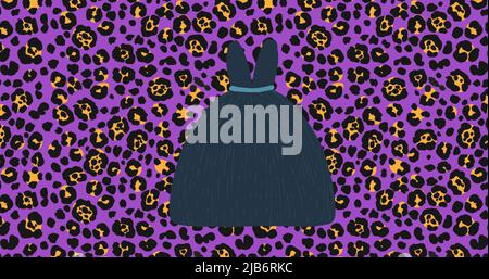 Image numérique de plusieurs icônes de robe féminine sur fond violet avec imprimé léopard Banque D'Images