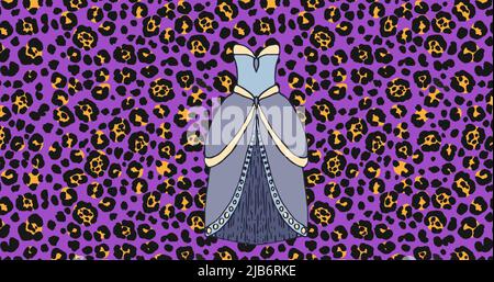 Image numérique de plusieurs icônes de robe féminine sur fond violet avec imprimé léopard Banque D'Images
