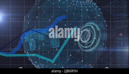 Image de la numérisation de l'oscilloscope et du traitement des lignes bleues sur le globe et le modèle de voiture 3D tournant Banque D'Images