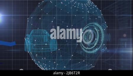 Image de la numérisation de l'oscilloscope et du traitement des lignes bleues sur le globe et le modèle de voiture 3D tournant Banque D'Images