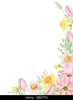 Cadre fleuri. Décoration tulipe aquarelle rose, joncelles jaune et blanc. Illustration aquarelle dessinée à la main. Éléments décoratifs. Banque D'Images
