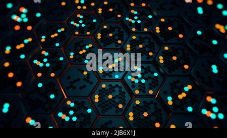 Structure des cellules d'hexagones noirs mobiles avec des lumières hexagonales orange et bleu qui s'allument et s'éteignent de façon aléatoire. 3D Illustration Banque D'Images