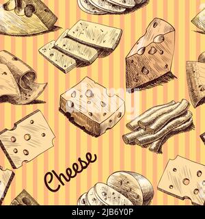 Tranches de fromage et les morceaux de nourriture blocs croquis assortiment de papier peint seamless vector illustration Illustration de Vecteur