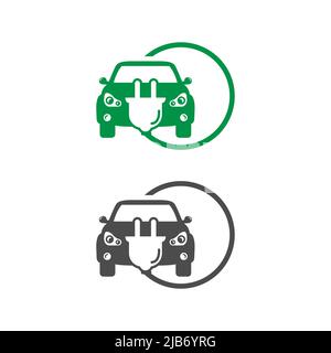 Voiture électrique avec symbole d'icône autocollant, voiture EV, logo de point de charge de véhicule hybride vert.EPS 10 Illustration de Vecteur