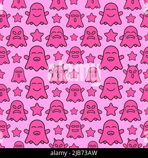 Joli motif fantôme sans couture avec étoiles décoratives. Style de dessin avec thème de couleur rose. Illustration vectorielle à caractères plats. Illustration de Vecteur