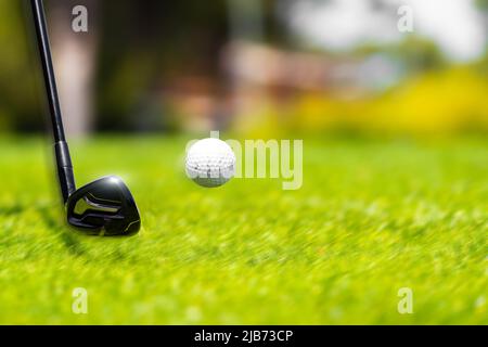 Club de fer de golf prêt à frapper une balle sur l'herbe verte sur le terrain de golf Banque D'Images