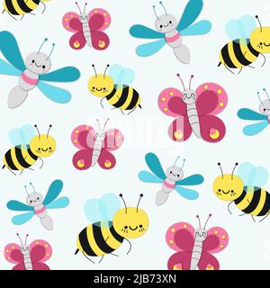 Motif sans couture des bugs amusants. Insectes de dessin animé : abeille, papillon et libellule. Mignon dessin animé kawaii drôle personnage de doodle. Insectes colorés dessinés à la main dans Illustration de Vecteur