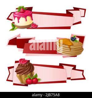 Bonbons décoratifs papier banderoles de nourriture ensemble avec framboise pudding crêpes tasse gâteau dessert illustration vectorielle isolée Illustration de Vecteur