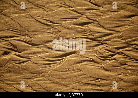 Texture créée par l'action de l'eau de mer sur la plage de sable créant des ondulations sinueuses et délicates Banque D'Images