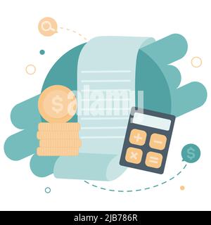 Paiement de taxe concept. Analyse des données, documents administratifs, rapport de recherche financière et calcul de la déclaration de revenus. Paiement de la dette. Vecteur de conception plate Illustration de Vecteur