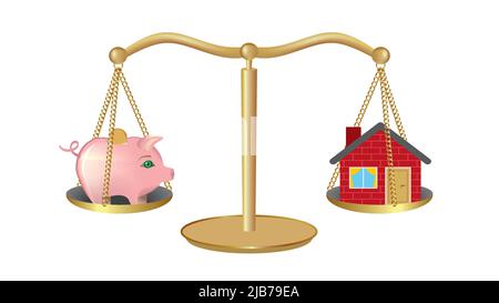 Pèse-personne avec maison et banque de pigey, banque de pièces. Épargne et économie. Isolé sur fond blanc. Illustration vectorielle. Illustration de Vecteur