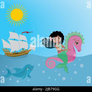 Mermaid à cheval sur l'hippocampe rose. Dolpin les regardant, voilier en arrière-plan. Illustration vectorielle. Illustration de Vecteur