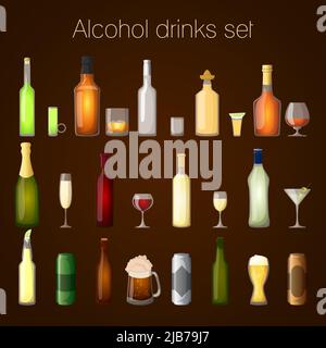 Bouteilles de boissons alcoolisées et ensemble de verres de vin bière champagne martini illustration vectorielle isolée Illustration de Vecteur
