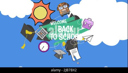 Image composite numérique du texte de bienvenue à l'école et icônes de l'équipement scolaire contre le bleu Banque D'Images
