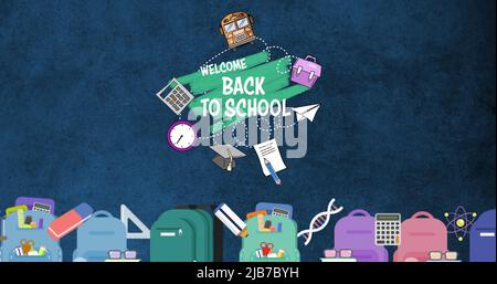 Image composite numérique de bienvenue dans le texte de l'école et les icônes des équipements scolaires Banque D'Images