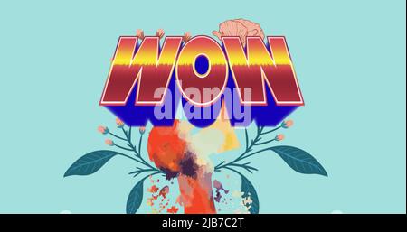 Image de texte wow en lettres rouges sur des fleurs sur fond bleu Banque D'Images