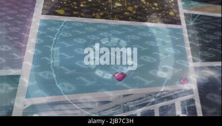 Image de la lecture de l'oscilloscope, du codage binaire et du traitement des données sur les écrans Banque D'Images