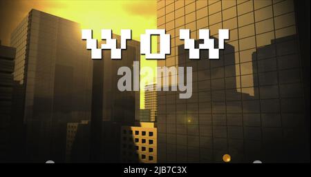 Image de texte wow en lettres blanches sur fond de paysage urbain Banque D'Images