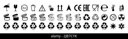 Grand jeu de symboles d'emballage isolé sur fond blanc. Conception plate. Illustration vectorielle. Symbole d'emballage pour boîtes en carton. Marquage du plastique. Illustration de Vecteur