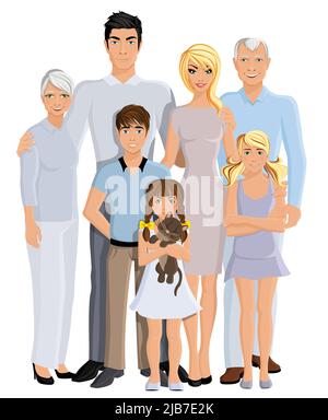 Heureux famille génération parents grands-parents et enfants portrait en longueur sur fond blanc illustration vectorielle Illustration de Vecteur