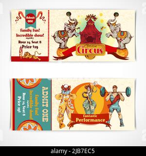 Deux modèles de billets d'entrée au spectacle incroyable de clown de cirque vintage avec barbells strongman et illustration vectorielle isolée Illustration de Vecteur