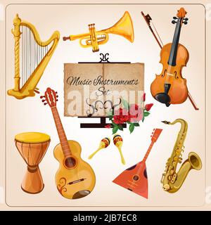 Orchestre de chambre classique instruments harpe violon corne icônes composition publicité couleur esquisse illustration vectorielle isolée Illustration de Vecteur